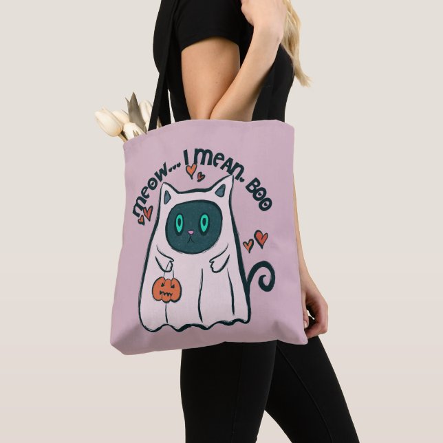 Meow I Mean Boo Cat Ghost Purple Halloween Tote Bag (Close Up)