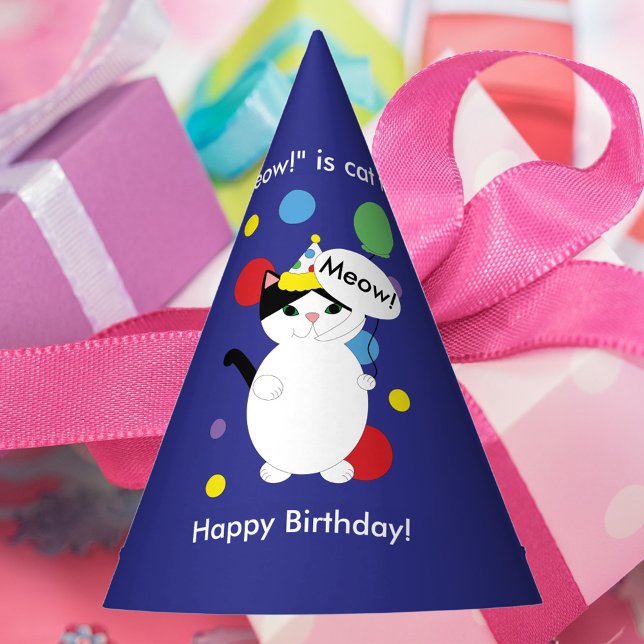 Meow is Cat Happy Birthday Black and White Kitty Party Hat (Creator Uploaded)