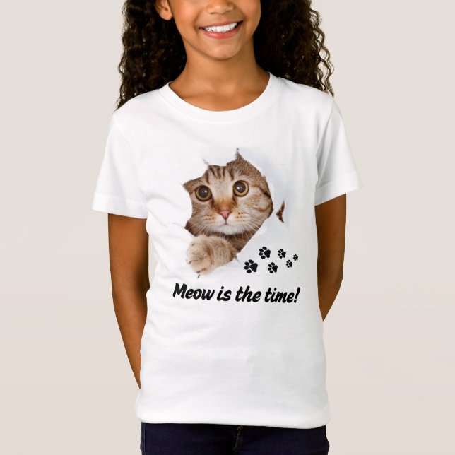 Meow Is the Time – Cute Cat T-Shirt for Kids (Front)