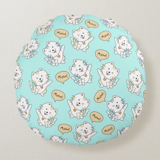 Meow Kittens Pattern – Cute Cat Round Cushion (Front)