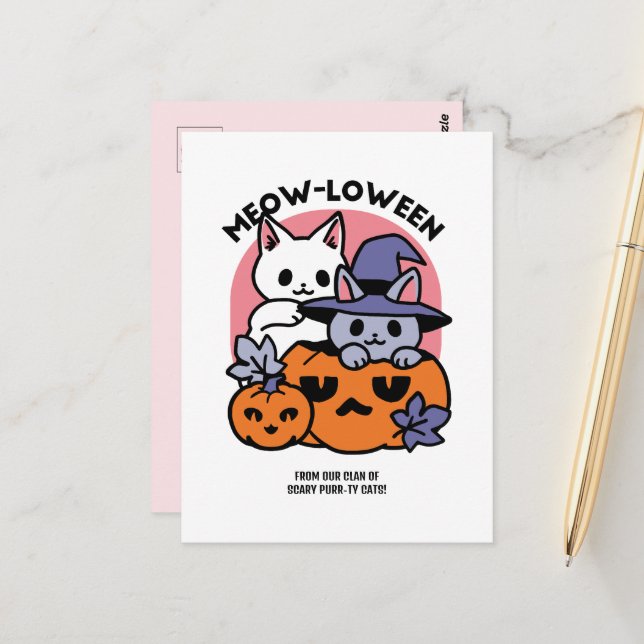 Meow-Loween - Cute Halloween Cat Design Postcard (Front/Back In Situ)