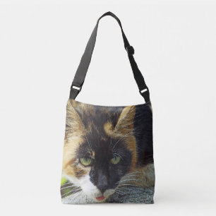 MEOW! LT.BROWN, BLACK & WHITE GREEN-EYED CAT" CROSSBODY BAG