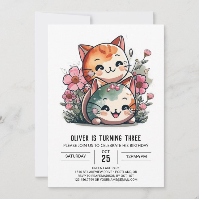 Meow Magic Watercolor Birthday Invitation (Front)