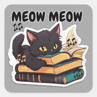 Meow Meow Cat Reading Book Square Sticker