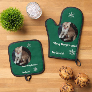 Meow Merry Christmas Photo Customize Oven Mitt & Pot Holder Set
