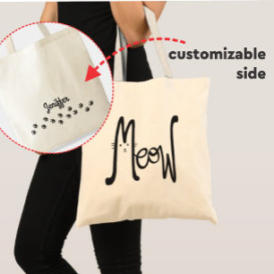 MEOW Minimalist Black Cat Two Sided Typography Tote Bag
