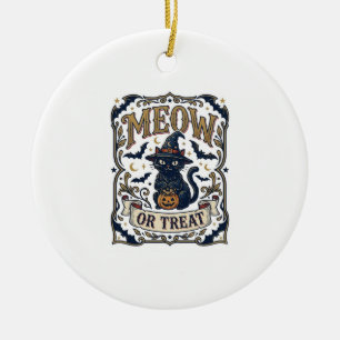 Meow Or Treat Cat Halloween Spooky Cat Vintage Vec Ceramic Tree Decoration