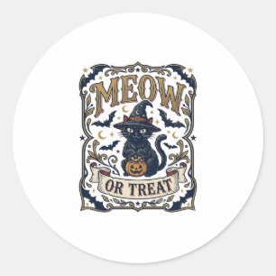 Meow Or Treat Cat Halloween Spooky Cat Vintage Vec Classic Round Sticker