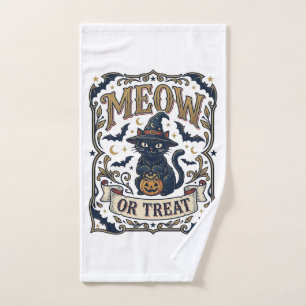 Meow Or Treat Cat Halloween Spooky Cat Vintage Vec Hand Towel