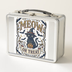 Meow Or Treat Cat Halloween Spooky Cat Vintage Vec Metal Lunch Box
