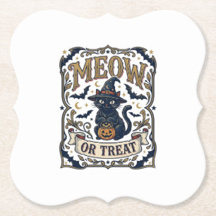 Meow Or Treat Cat Halloween Spooky Cat Vintage Vec Paper Coaster