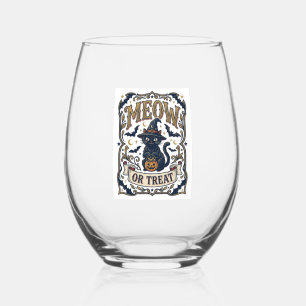 Meow Or Treat Cat Halloween Spooky Cat Vintage Vec Stemless Wine Glass