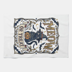 Meow Or Treat Cat Halloween Spooky Cat Vintage Vec Tea Towel