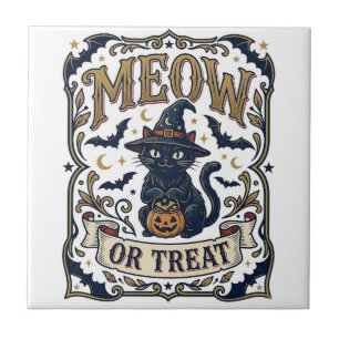 Meow Or Treat Cat Halloween Spooky Cat Vintage Vec Tile