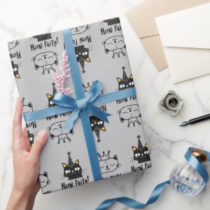 Meow Party-Funny Black Cat Birthday-Cute Paw Meow  Wrapping Paper