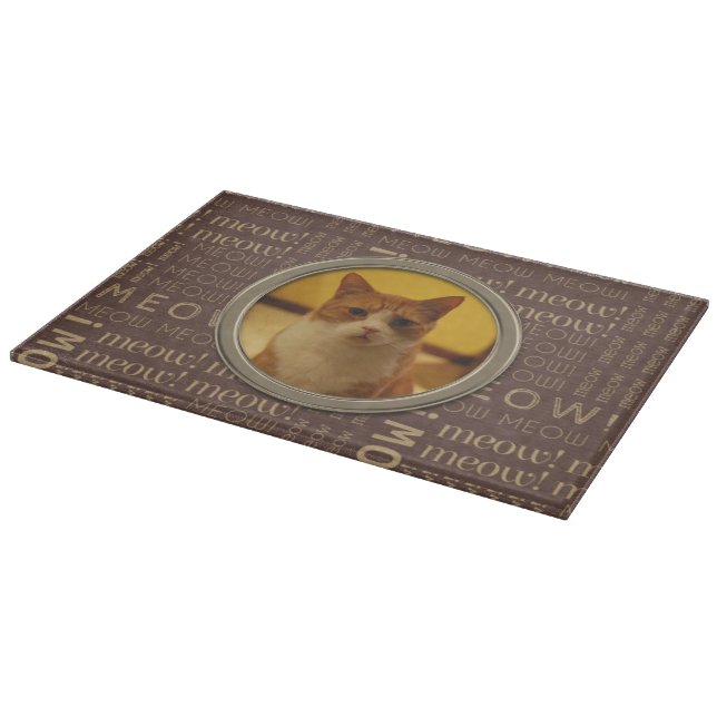Meow Pattern Brown Add Your Own Cat Photo Cutting Board (Corner)