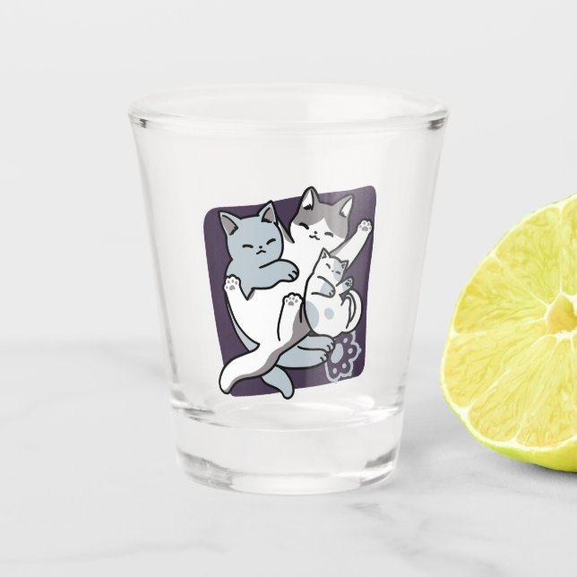 Meow Pounce Snuggle – Cute Sleeping Cats Shot Glass (Front)