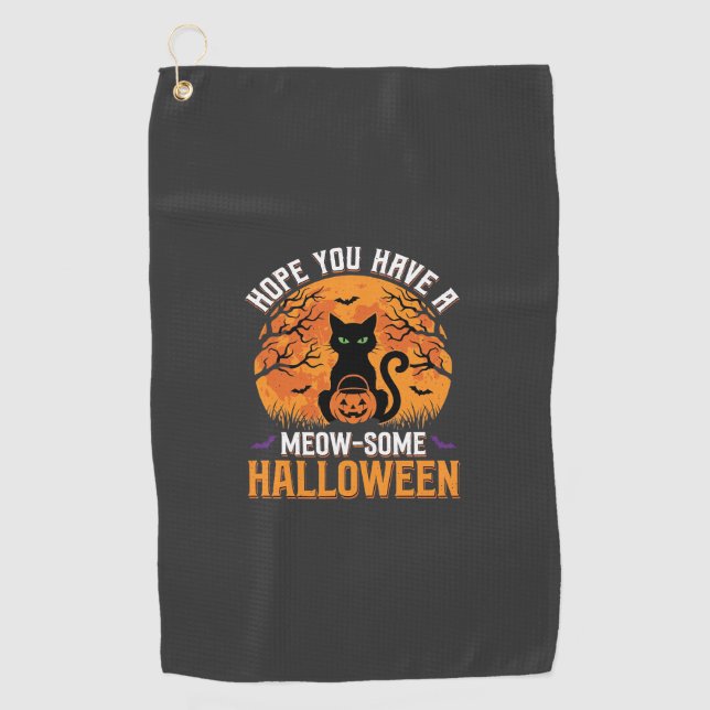 Meow-Some Halloween Black Cat Golf Towel (Front)