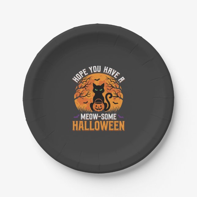 Meow-Some Halloween Black Cat Paper Plate (Front)