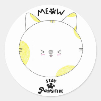 Meow Stay Positive Spotted Yellow Kawaii Cat Classic Round Sticker