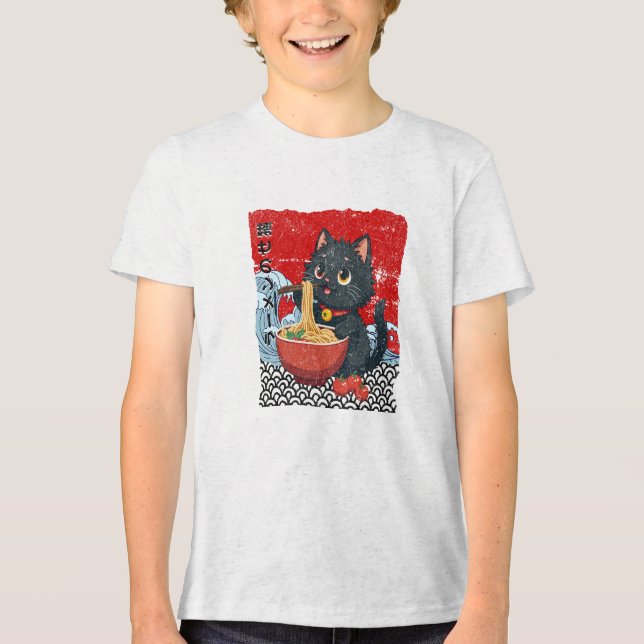 Meow-tiful Black Cat Ramen Craze! Tri-Blend Shirt (Front)
