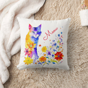 Meow Watercolor Cat and Flowers Cushion