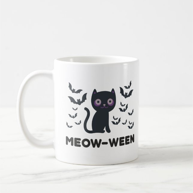 Meow-ween Delight Black Cat and Bats Halloween  Coffee Mug (Left)