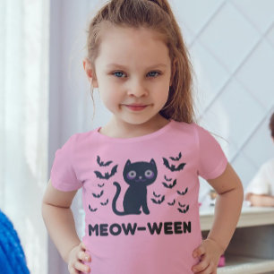 Meow-ween Delight: Black Cat and Bats Halloween T-Shirt
