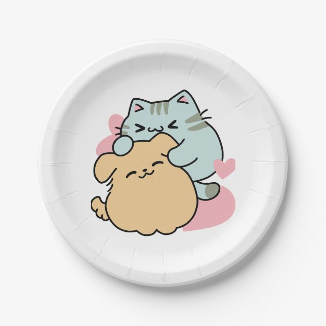 Meow & Woof Perfect Together - Cute Cat and Dog Paper Plate (Front)