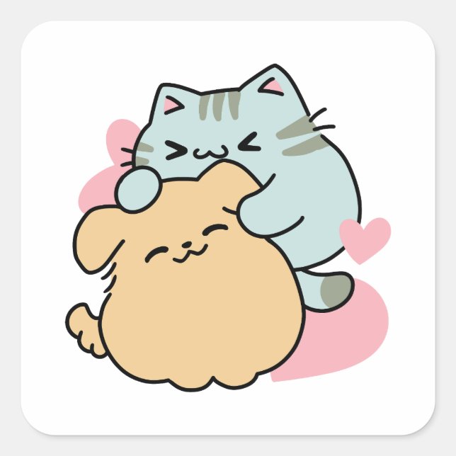Meow & Woof Perfect Together - Cute Cat and Dog Square Sticker (Front)