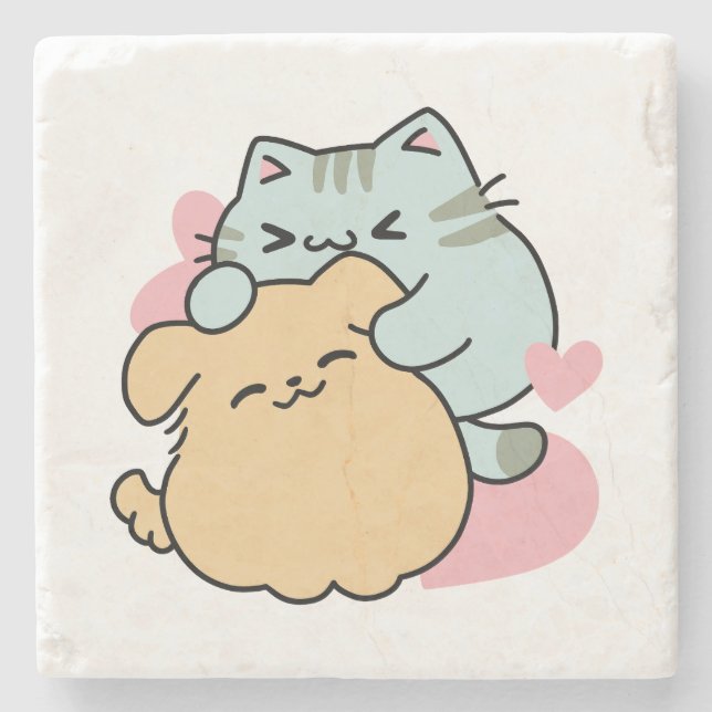 Meow & Woof Perfect Together - Cute Cat and Dog Stone Coaster (Front)