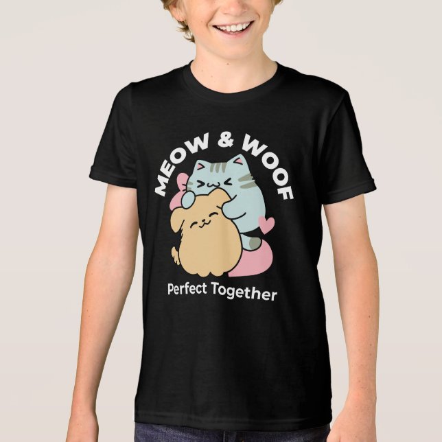 Meow & Woof Perfect Together - Cute Cat and Dog Tri-Blend Shirt (Front)