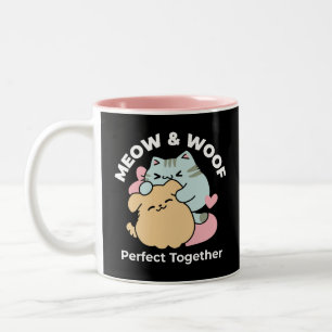 Meow & Woof Perfect Together - Cute Cat and Dog Two-Tone Coffee Mug