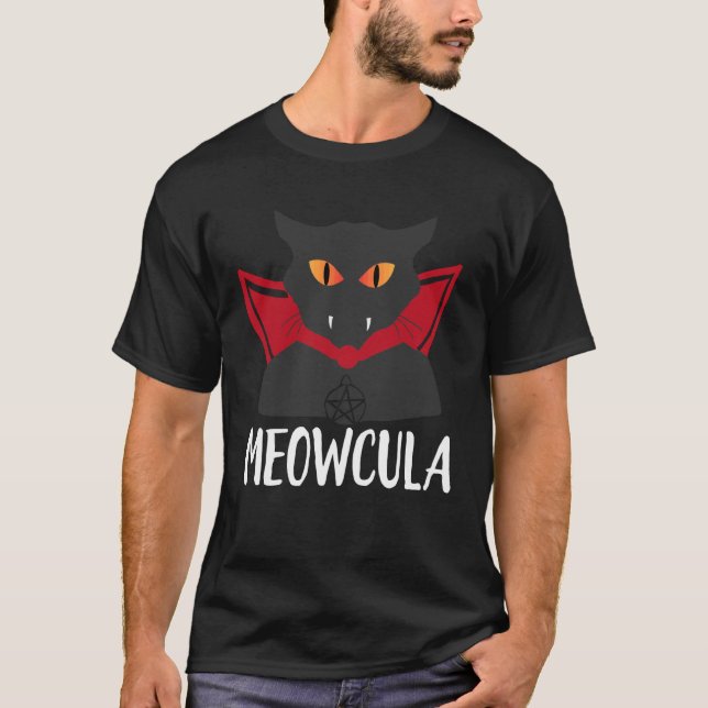 Meowcula Funny Halloween Cat Vampire Dracula Kitty T-Shirt (Front)