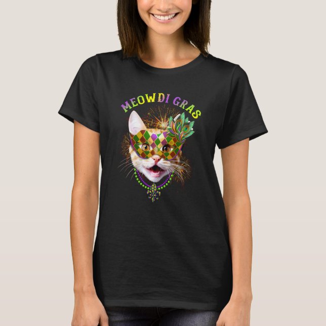 Meowdi Gras Kitten Cat Mask Beads Mardi Gras Funny T-Shirt (Front)