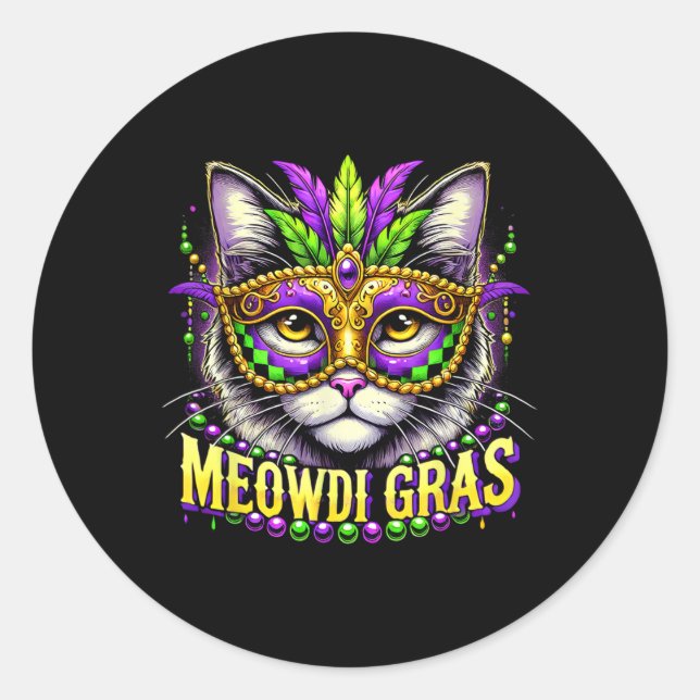 Meowdi Gras Mardi Gras Carnival Pet Kitty Meow Cat Classic Round Sticker (Front)