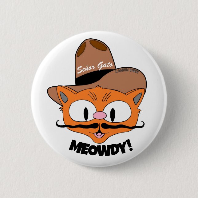 MEOWDY! Cartoon Moustache Cowboy Cat button (Front)