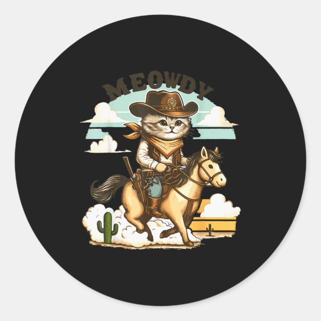 Meowdy Partner Cat Cowboy Horse Howdy Funny Countr Classic Round Sticker (Front)