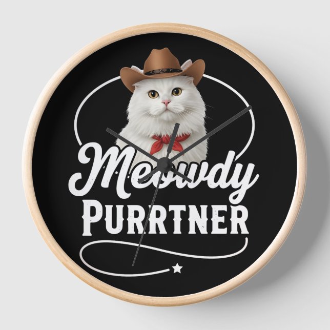 Meowdy Purrtner Funny Cat Cowboy Western Pun Desig Clock (Front)