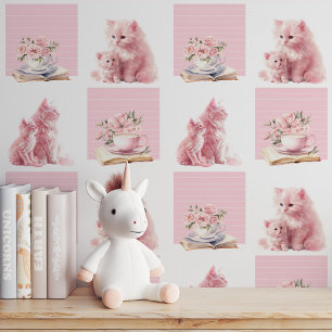 Meowgical Books & Stripes: Pink Peel and Stick Wallpaper