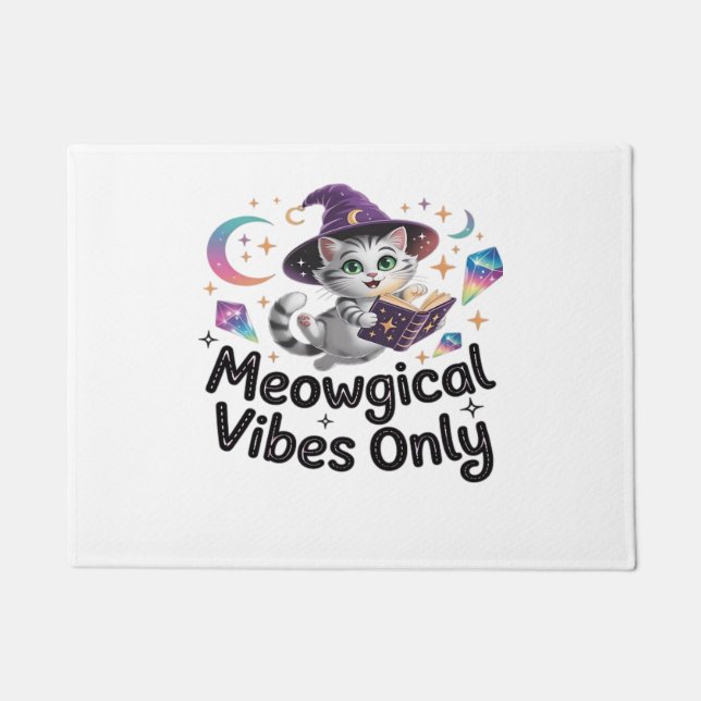 Meowgical Vibes Only, Floating Kawaii Witch Cat Ov Doormat (Front)