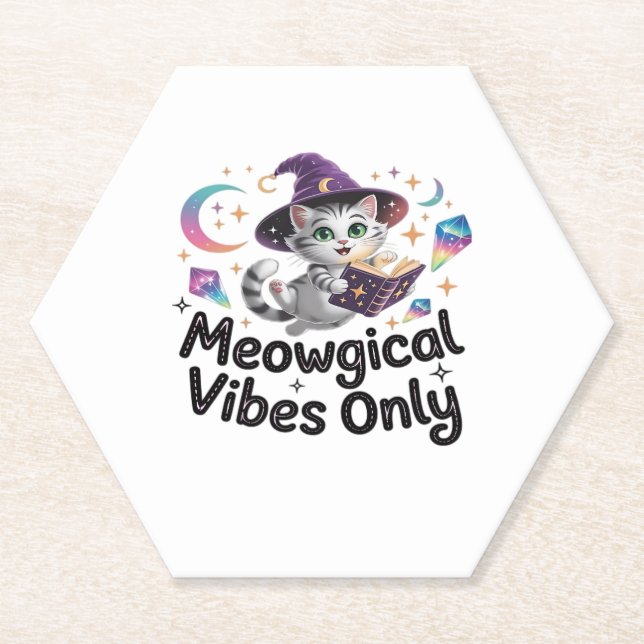 Meowgical Vibes Only, Floating Kawaii Witch Cat Ov Paper Coaster (Front)