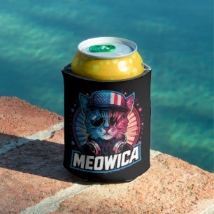 Meowica 4th of July Cat American Flag America USA Can Cooler