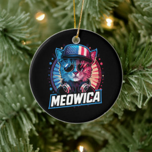 Meowica 4th of July Cat American Flag America USA Ceramic Tree Decoration