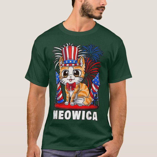 Meowica 4th of July Patriotic Cat Funny American T-Shirt (Front)