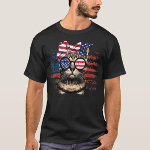 Meowica American Flag Cat messy bun with Sunglasse T-Shirt