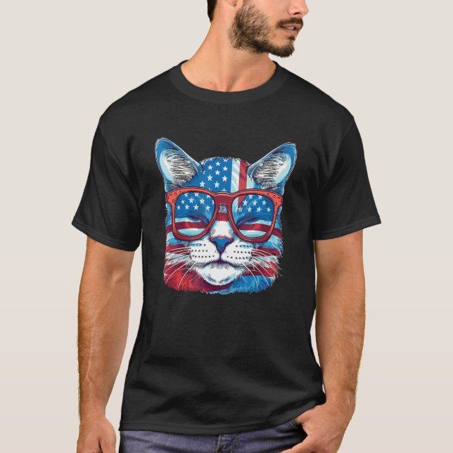 Meowica American Flag Sunglasses Patriotic Cat 4th T-Shirt (Front)