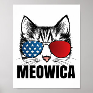 Meowica Americat 4th Of July Usa Flag Sungl Funny  Poster