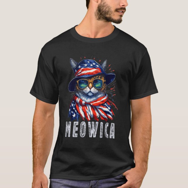 MEOWICA Cat 4th Of July Sunglasses Merica Cat Amer T-Shirt (Front)
