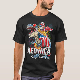 Meowica Cat  Dinosaur 4th Of July American Usa Fla T-Shirt